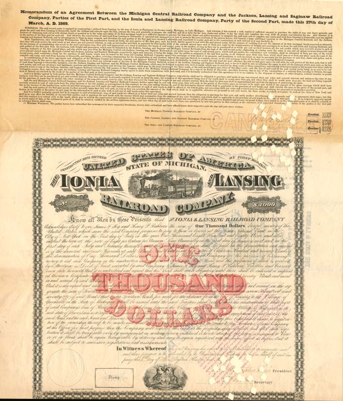 Ionia and Lansing Railroad Co. - $1,000 Bond